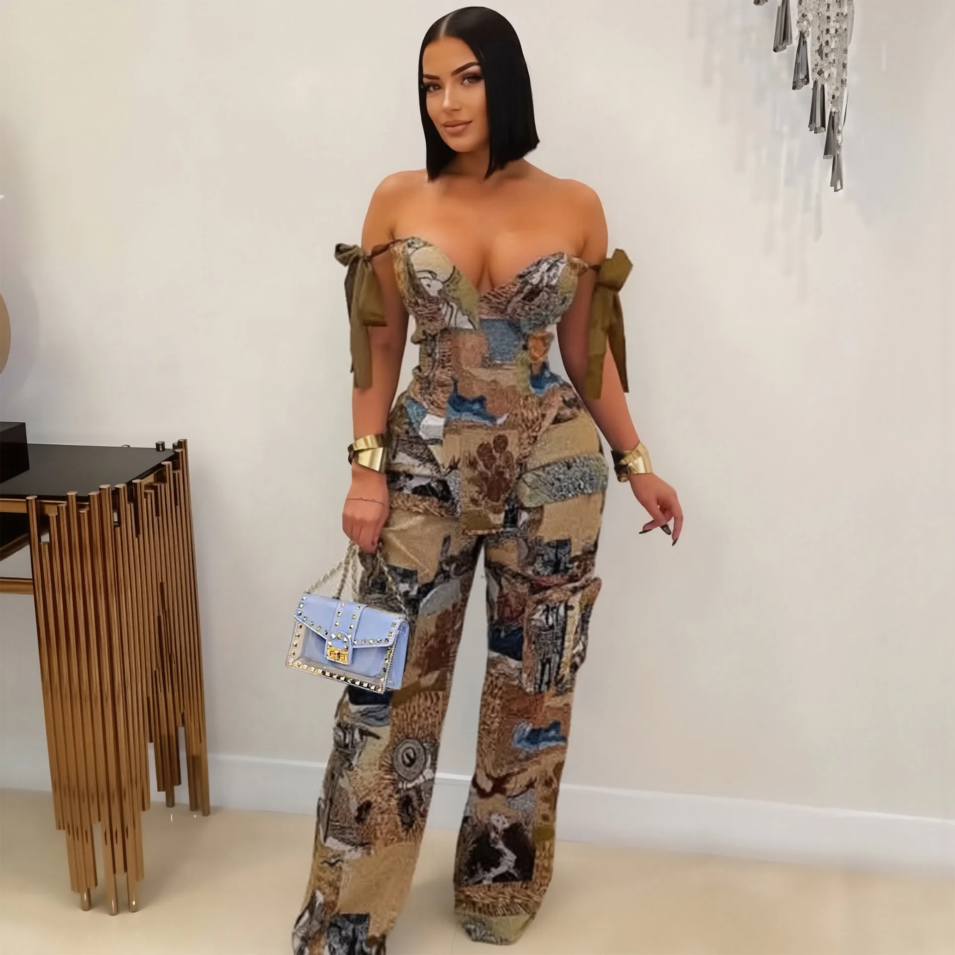 

Printed Oil Painting Pattern Strap Drawstring Multi-pocket Pants Set