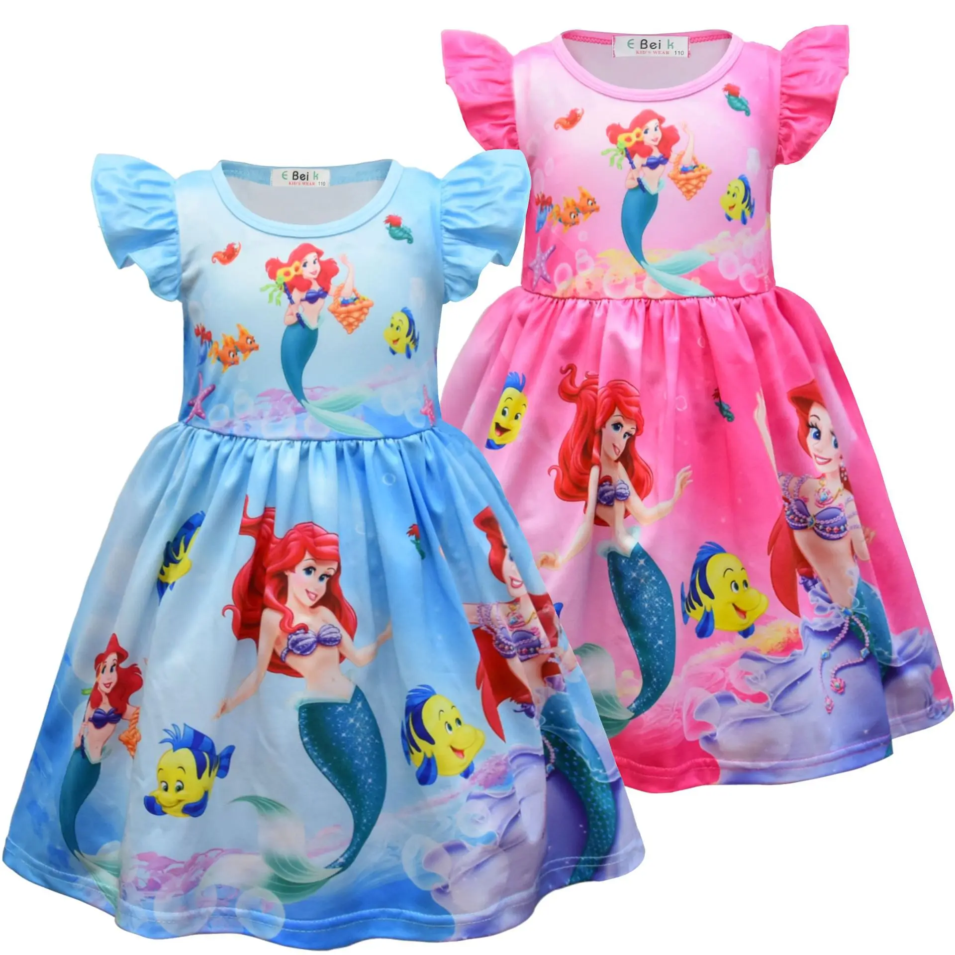 Disney Princess Children\'s Mermaid Skirt Girl Flying Sleeve Skirt Cute Girl Dress Birthday Party Gift for Children Kids Clothes