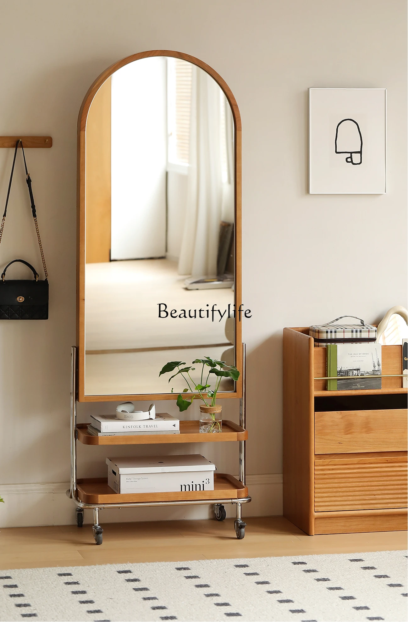 

Nordic Multi-Functional Solid Wood Arch Floor Mirror Movable Shelves