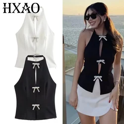 HXAO Rhinestone Bow Halter Top Women Off Shoulder White Crop Top Woman Party Backless Sexy Tops Summer Cut Out Short Black Top