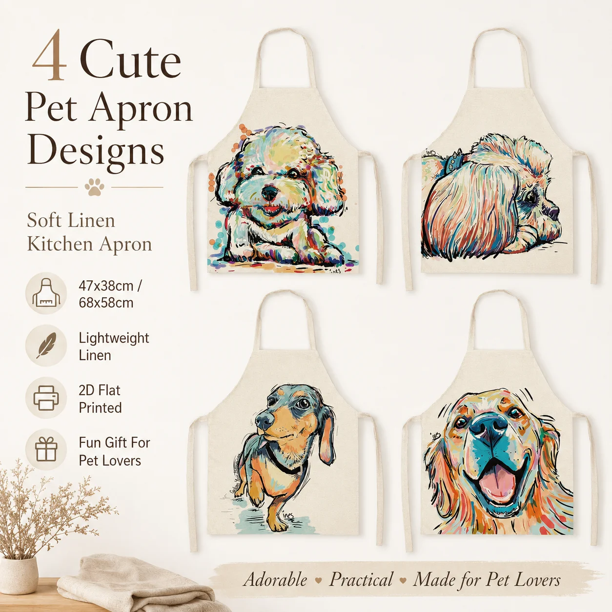 

Cute Pet Dog Dachshund 2D Flat Printed Linen Sleeveless Apron Women Kitchen Chef Cooking Baking Cleaning Smock Grooming Bib