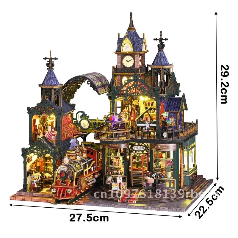 Kit di costruzione in miniatura in legno fai-da-te Case delle bambole di città segnate su binario con mobili Casa Case delle bambole magiche per regali di amici