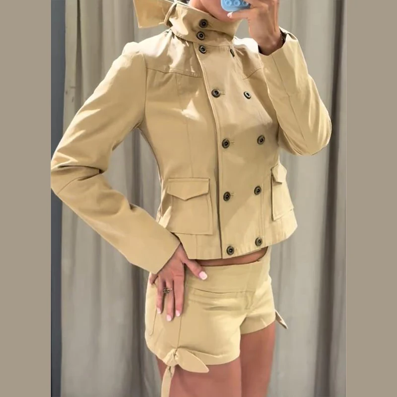 Damenjacken mit Stehkragen, Langen Ärmeln, Doppelreihigen Taschen, Frühlings- und Herbstmäntel, Einfarbig, Locker Geschnitten, Safari-Stil, Neue Oberbekleidung – Detail 12