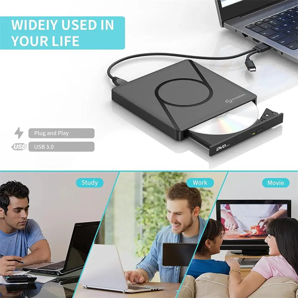 PHIXERO ภายนอก Blu-Ray Burner ไดรฟ์ USB3.0ภายนอก Blu Ray DVD 3D Slim ไดรฟ์ Blu-Ray Writer Reader CD/DVD สำหรับ Window