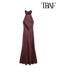 TRAF-Women's Long Satin Halter Dress, Backless, Bow Tied, Back Zipper, Female Dresses, Sexy Fashion