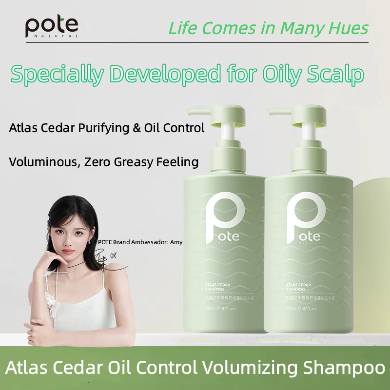 POTE Atlas Cedar Oil Control Volumizing Shampoo 505ml Long Lasting Fluffy Deep Cleansing Scalp Shampoo for Oily & Flat Hair
