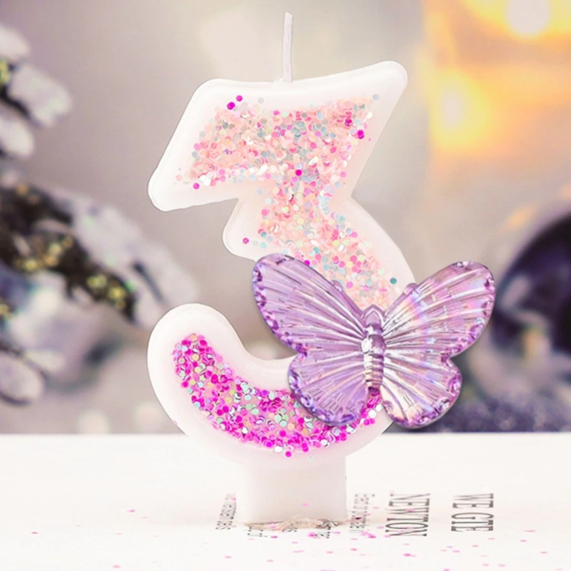 1st Birthday Candle Cake Topper Colours Creative Number 1 Candle Cute Pink Butterfly Digital Candle Birthday Wedding Party Decor