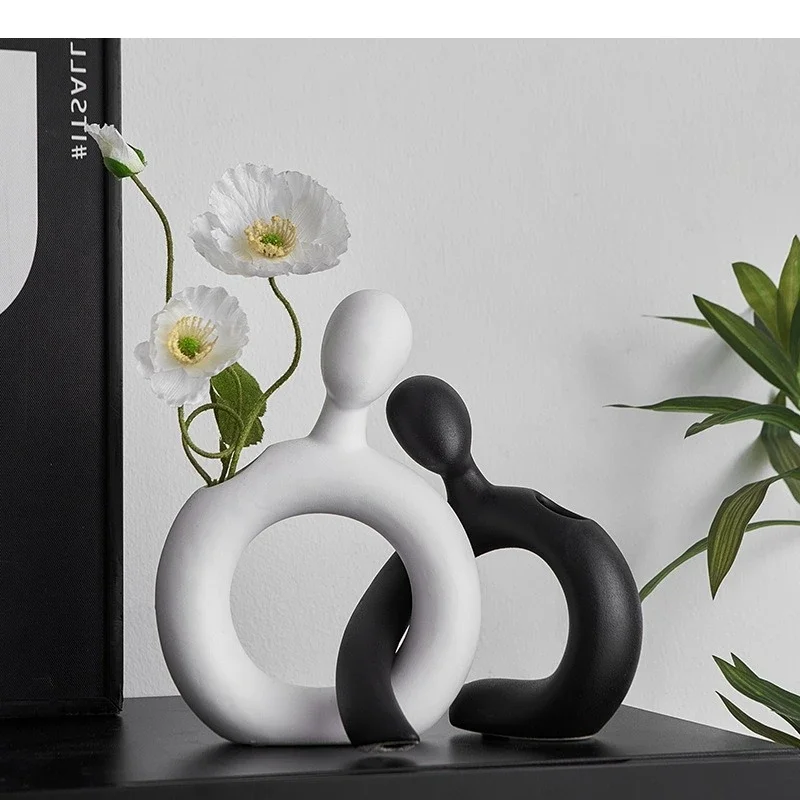 Ceramic Figure Vase Couple Abstract Hollowed-out Flower Arrangement Ornaments Flower Vase Creative Display Home Decoration