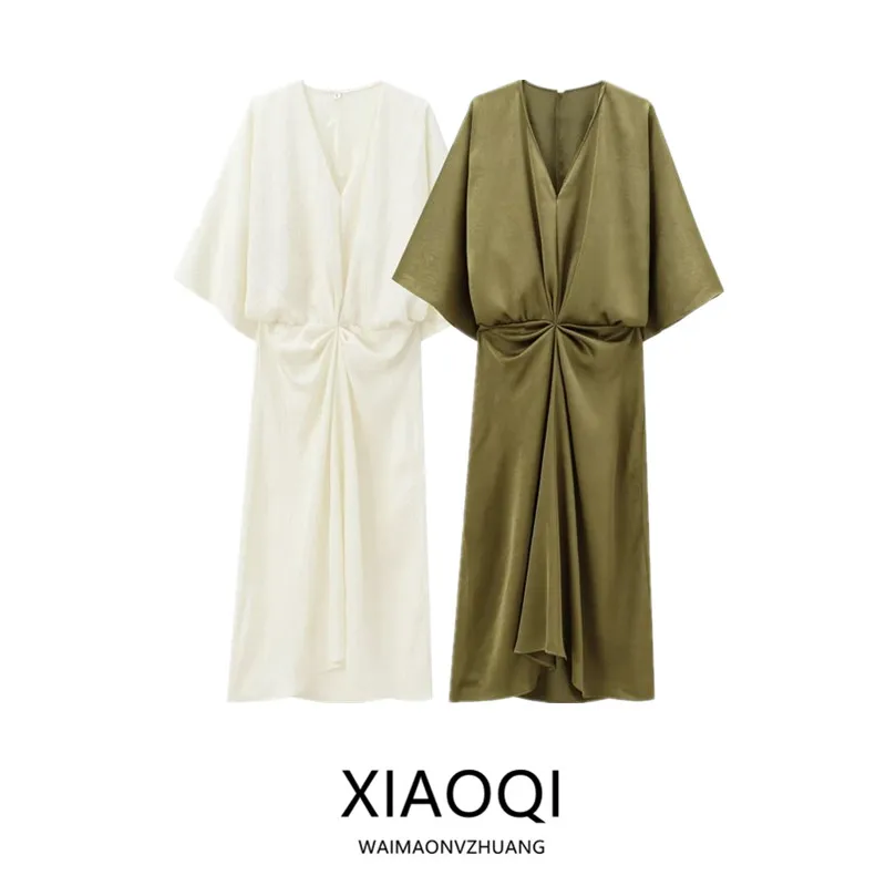 Herbst 2024 Neue Lange Midi Dr frauen Design Sinn Plissee Effekt Pendeln V-ne einteiliges Andere Material 00 % Dr