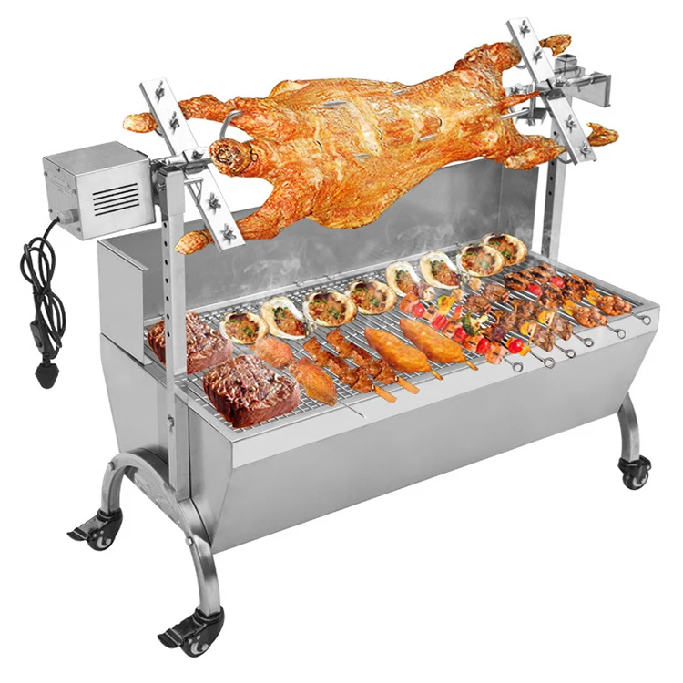 chinese stainless steel big commercial automatic pig meat rotisserie charcoal bbq barbecue grill machine for restaurant