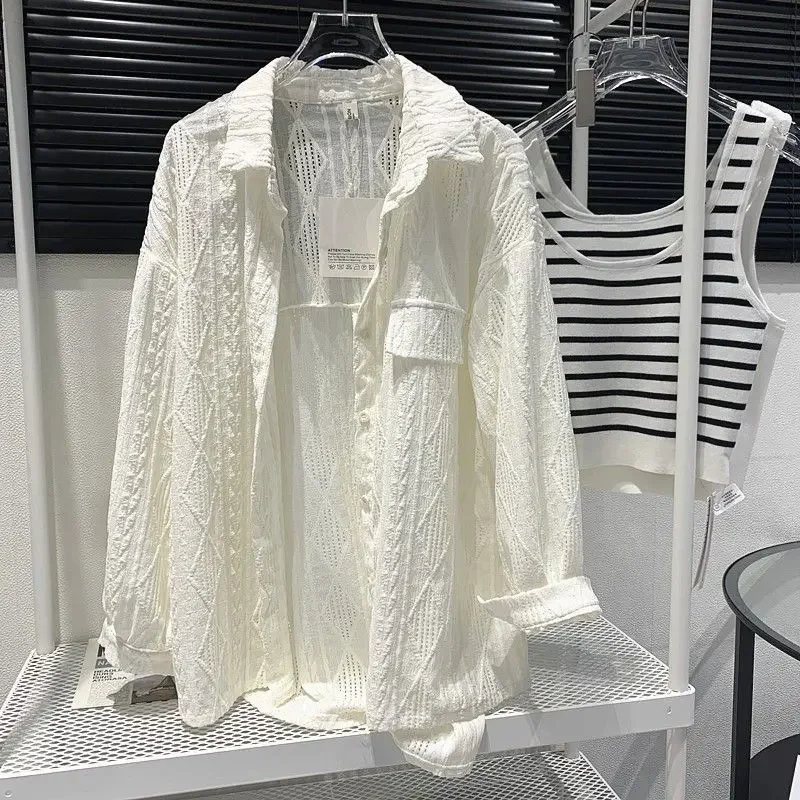 

Sexy Hollow Out Long Sleeve Shirts Women Summer White Simple All Match Sun Protection Shirt Korean Fashion Thin Button Tops