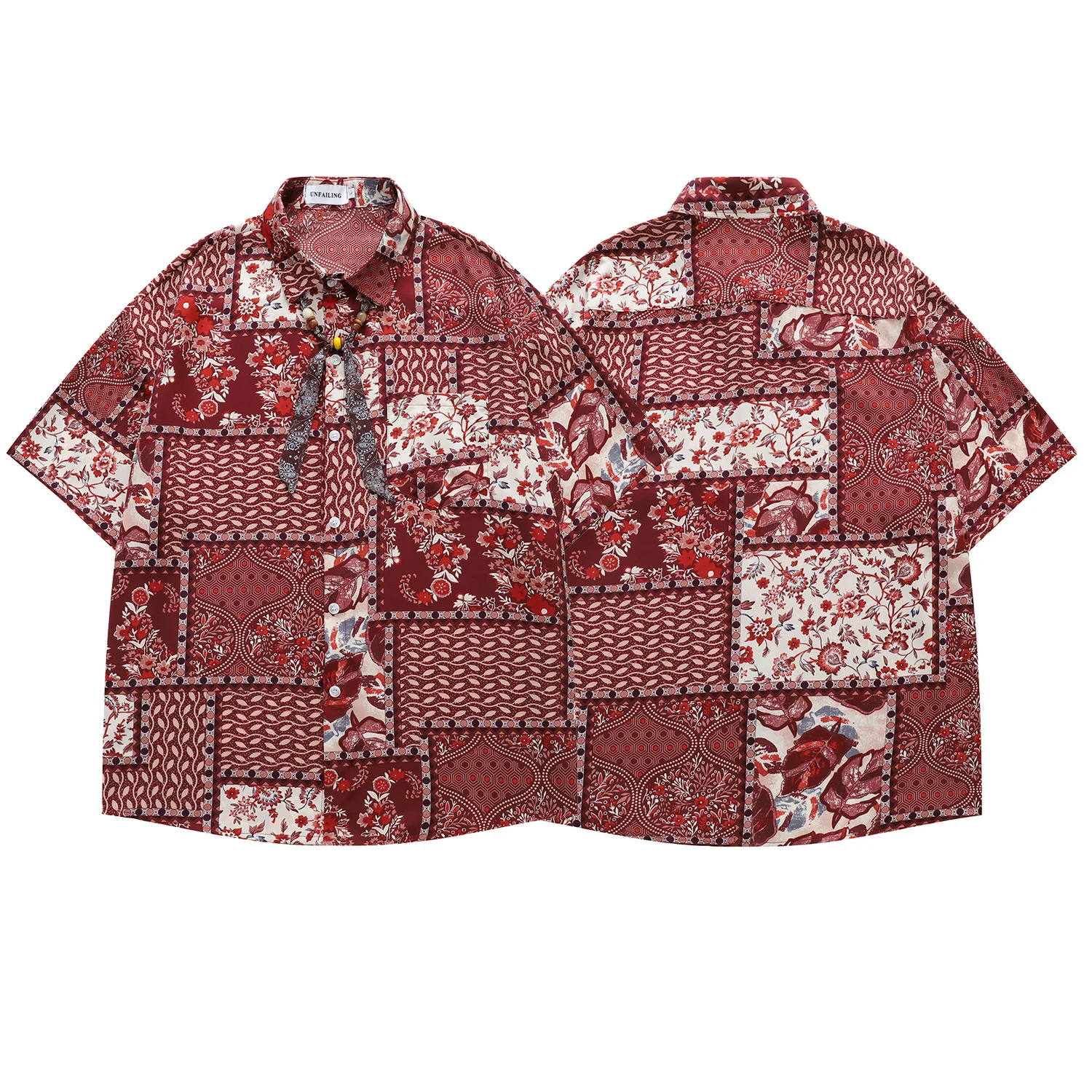 2026 Summer Vintage Patchwork Print Hawaiian Shirt Men Women Loose Breathable Short Sleeve Top Casual Beach Shirt Couple