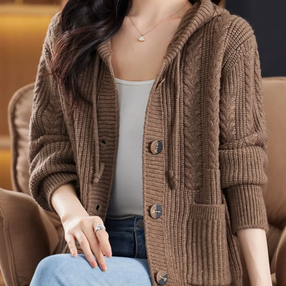 الخريف نمط سترة محبوكة بأكمام طويلة المرأة فضفاضة مقنعين البنطال القصير سترة سميكة سترة عادية #3