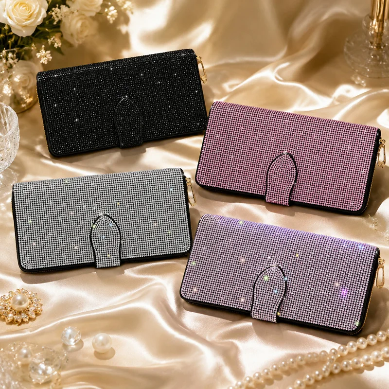Glitter Diamond Ladies Short Wallet, PU Leather Multi Card Holder, Fashion Zipper Coin Purse for Women