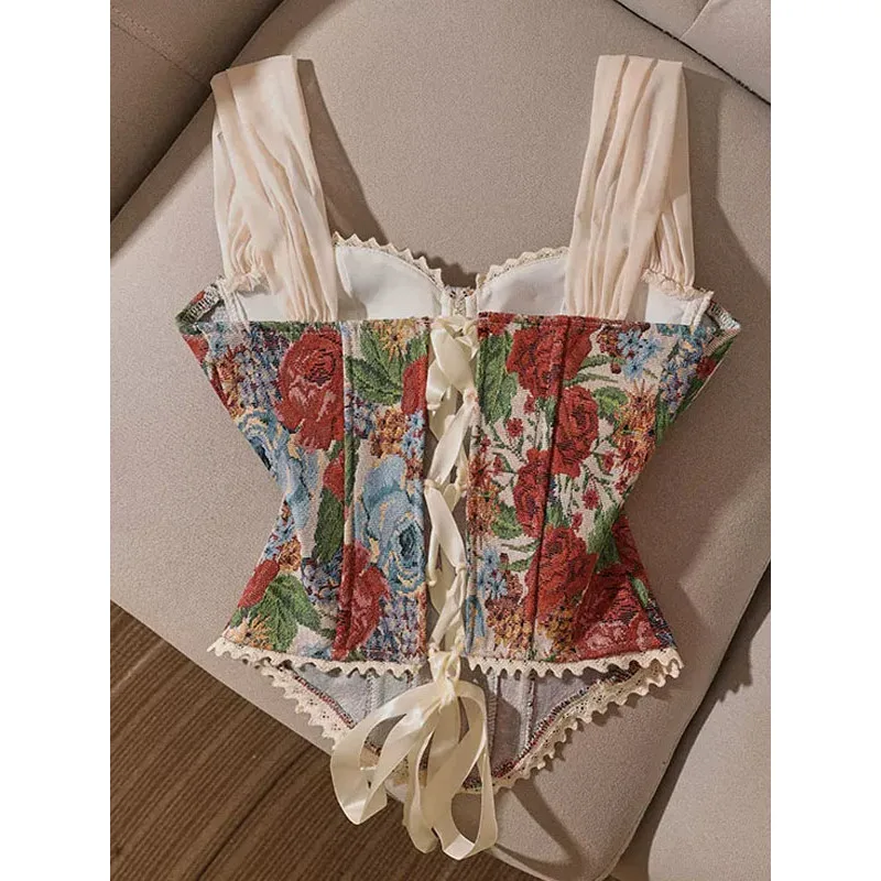 Vintage Flower Print Fishbone Camisole Women Strap Bandage Lace Spliced Slim Fit Corset Vest 2026 Chic Streetwear Lady Crop Tops