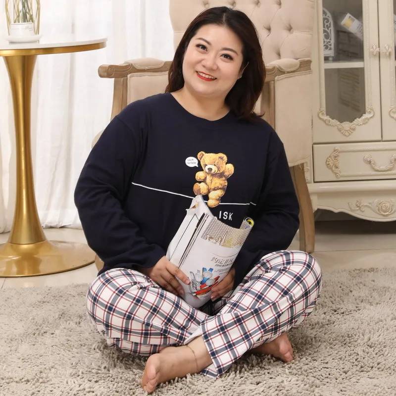 Winter Cute Bear Cartoon pajamas sets women sleepwear cozy fashion 100% cotton pyjamas women large size 130KG 83316