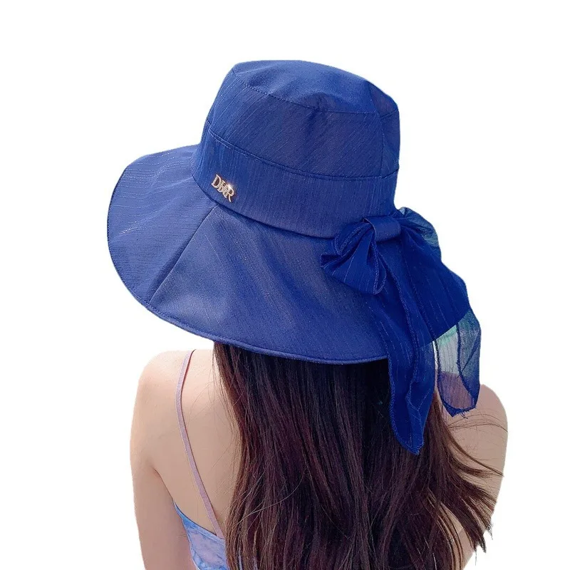 2024 summer cap ladies beach hat organza sunscreen sun hat large brim face sun hat for seaside holiday use