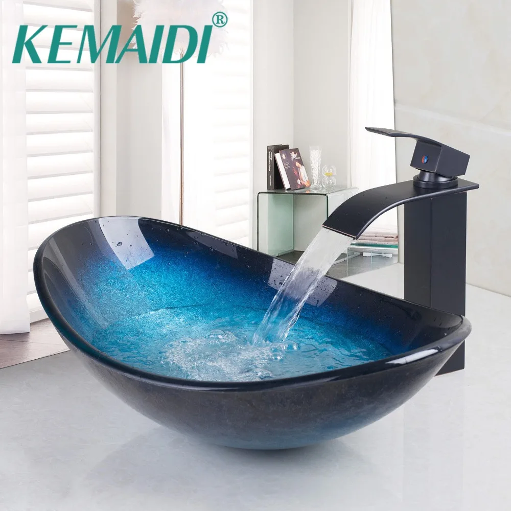 KEMAIDI Bathroom Wash Basin Faucet Sets Tempered Glass Brass Basin Victory Sinks Vessel Sink Brass under Counter Basin Wash