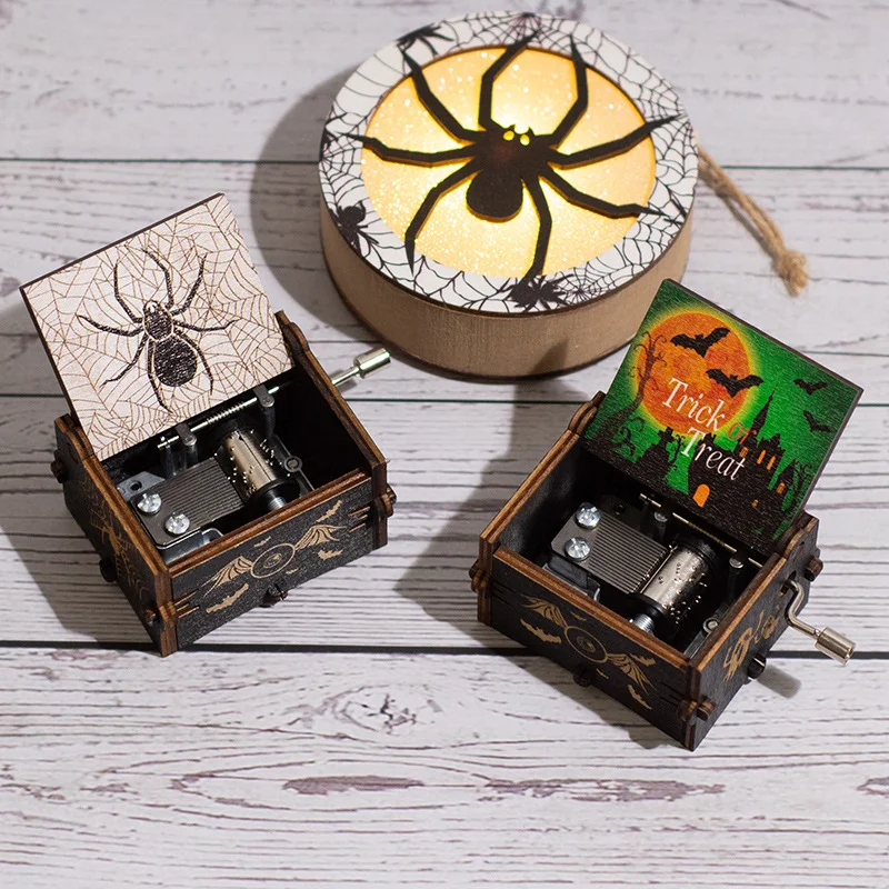 Halloween Wooden Hand-cranked Music Box, Horror Night Painted Music Box, Wooden Pumpkin Ornament, Ghost Festival Gift, Music Box