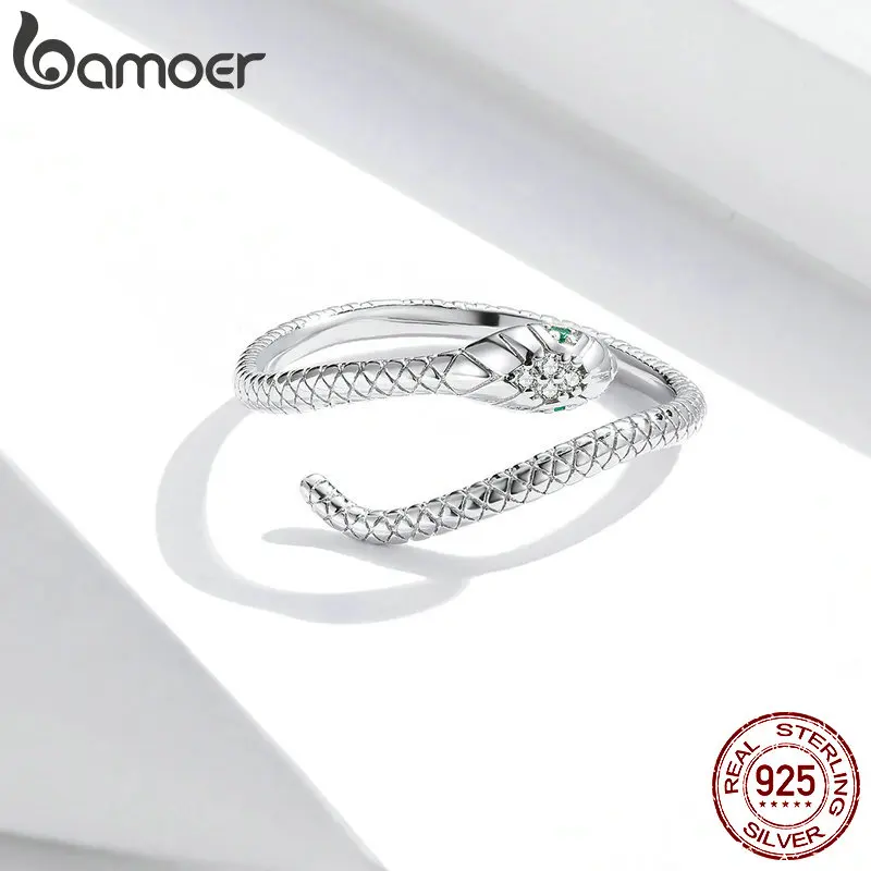 

Открытое кольцо BAMOER из стерлингового серебра 925 пробы, регулируемые кольца с цирконом в диком стиле, уникальный дизайн змеи