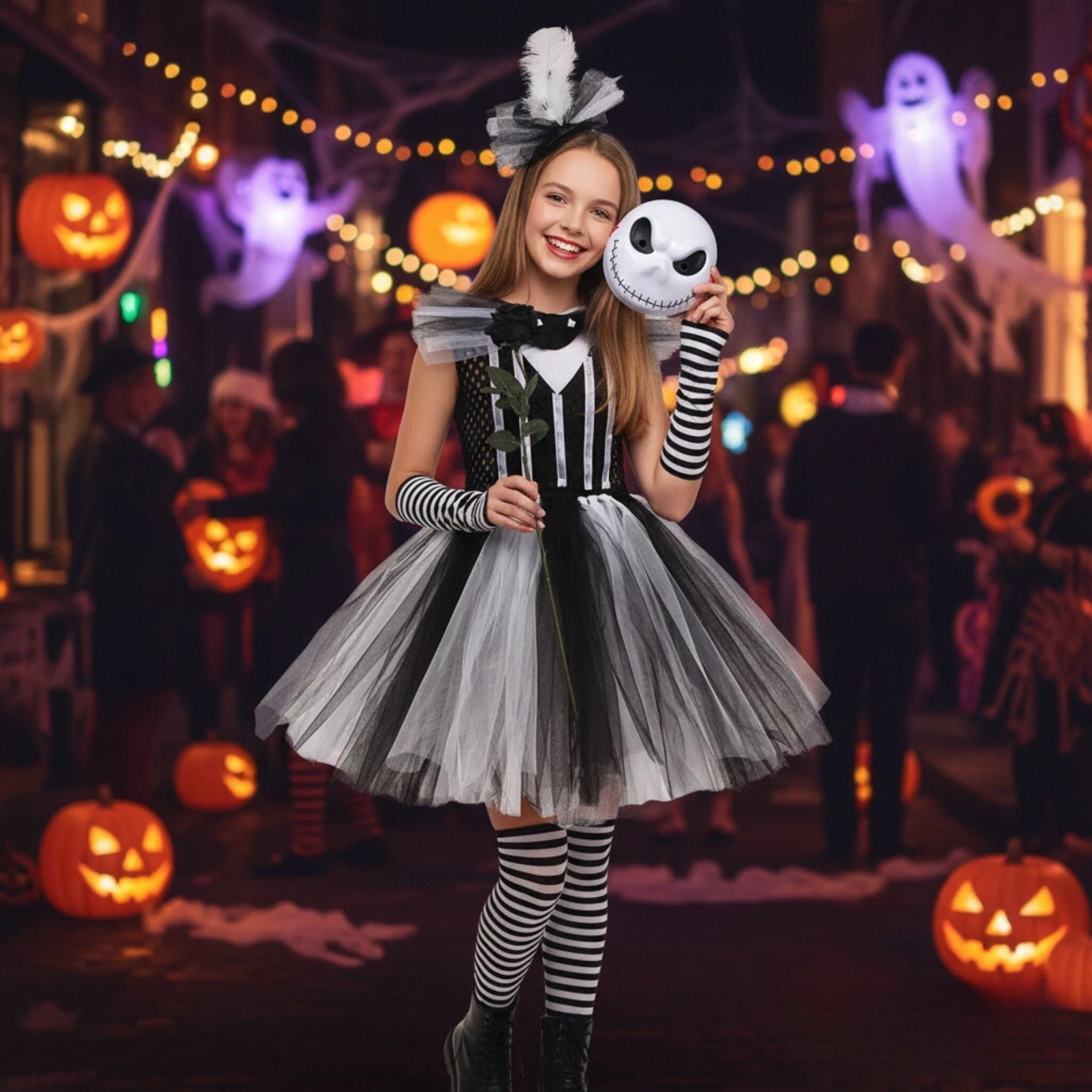 Girls' Skull-Themed Tulle Tutu Dress Kids' Black-and-White Multi-Layer Tulle Princess Gown Clothes Halloween Gifts for Children