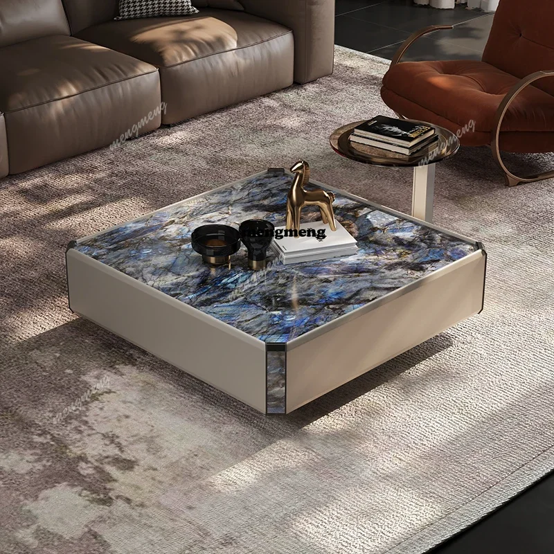 Best seller Square coffee table rock slab countertop designer saddle leather veneer modern light luxury new living room table