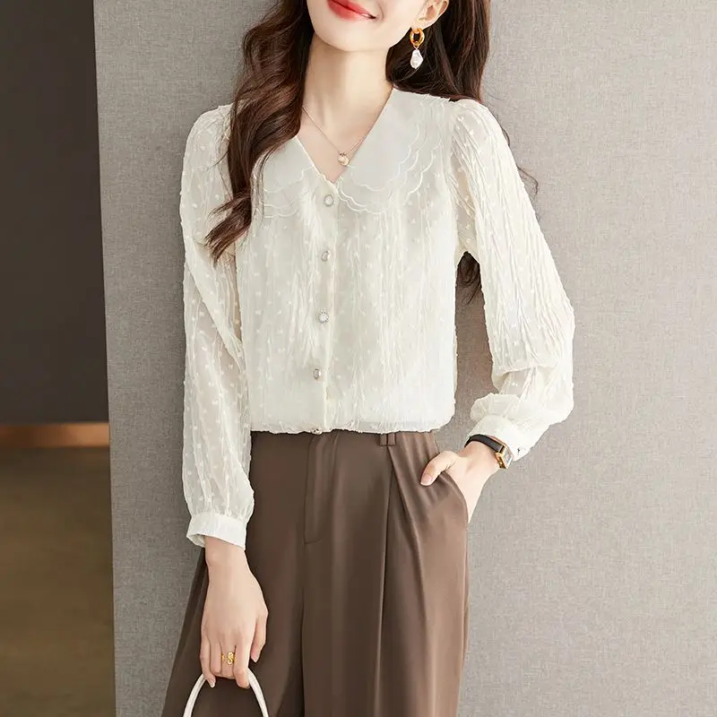 

Women's White Polka Dot Ruffled Collar Long Sleeve Sheer Casual Blouse