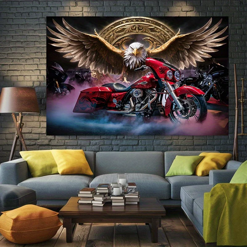 1 Piece Motorcycle & Eagle Pattern Tapestry-Polyester Material, Trendy Choice for Living Room Decoration - with Installation Kit