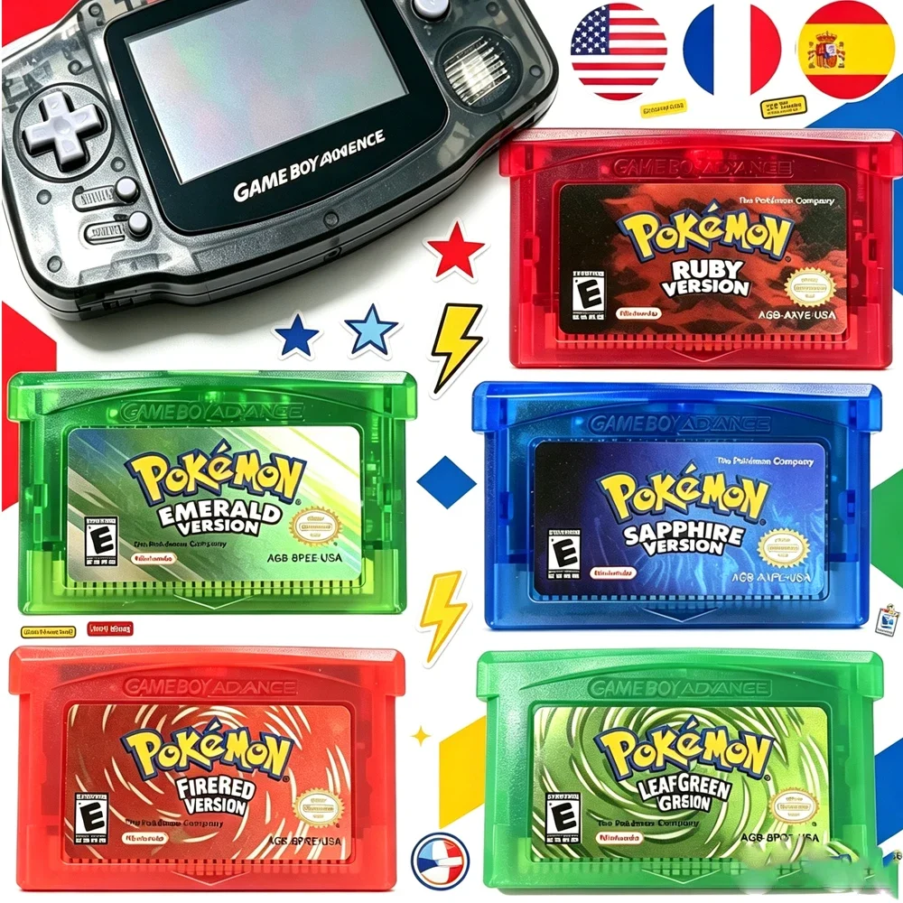 2026 USA FR ES GBA Game Pokémon Series 32 Bit Video Game Cartridge Console Card Pokémon Emerald Ruby FireRed LeafGreen Sapphire