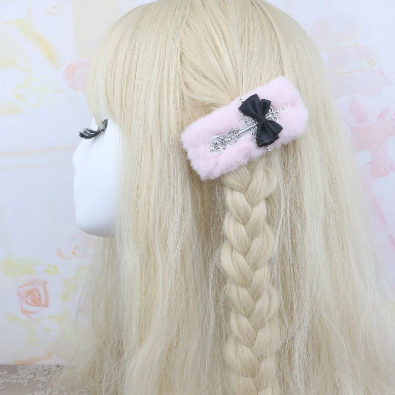 1Pair Fluffy Kawaii Hairclips Lolita Bow Hair Clip with Retro Loria Cross Gils's Gift Lo Women Hair Accessories Punk Cute Style