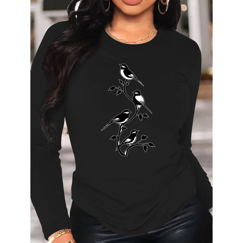 Women's Long Sleeve T-Shirt Black White Bird Silhouette On Branch Graphic Crew Neck Slim Fit Spring Fall Tops
