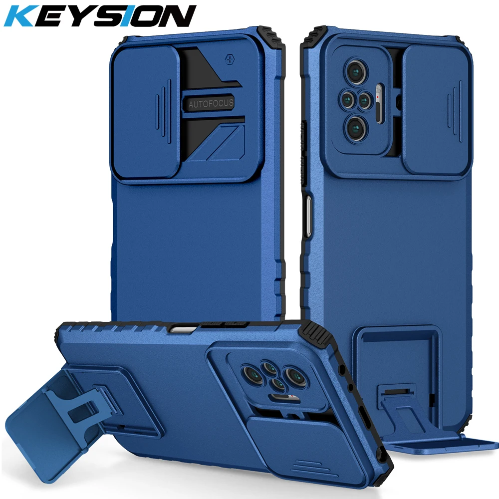 KEYSION Shockproof Case for Redmi Note 10 Pro 10S 9 8 Push Pull Camera Protection Live Stand Phone Cover for Redmi 10 C 9A 9C 9T