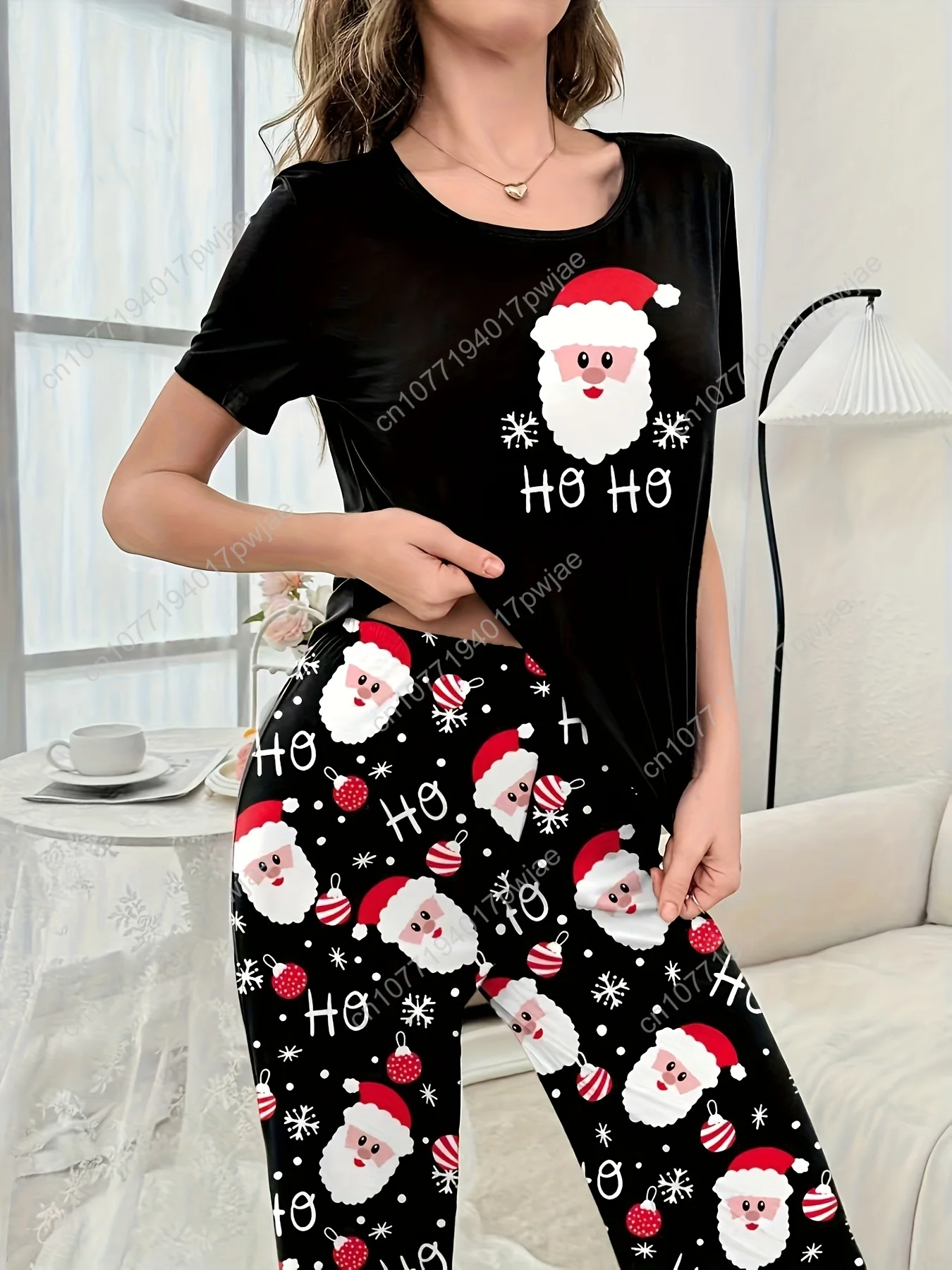 Christmas Women'S Short And Long Pajamas, Santa Claus And Letter Prints, Festive Sleepwear for Parties, Two-Piece Loungewear Set