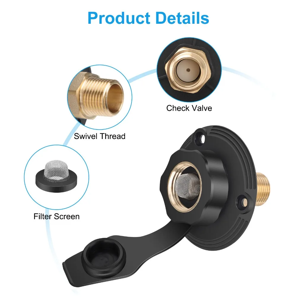 RV City Water Fill Inlet Connection with Check Valve Flange Brass Hose Connector