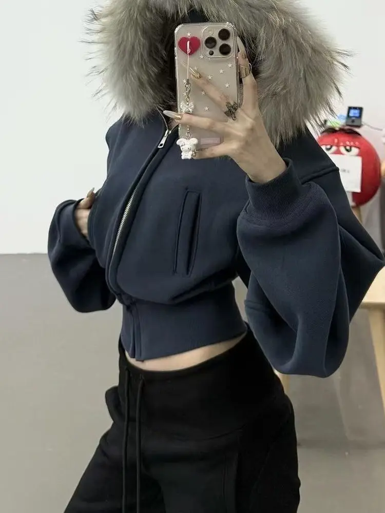 

American Sle Hot Girl ort Hooded Fce Lined Thiened Fur Collar Women's Sweatirt Outerwear Autumn Winter Faion Bra...