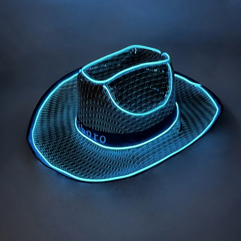 Wireless LED Rolled Brim Cowboy Hat Mariboro Straw Hat Christmas NightClub Rave Party Summer Sun Visor Cap Seaside Holiday Hat