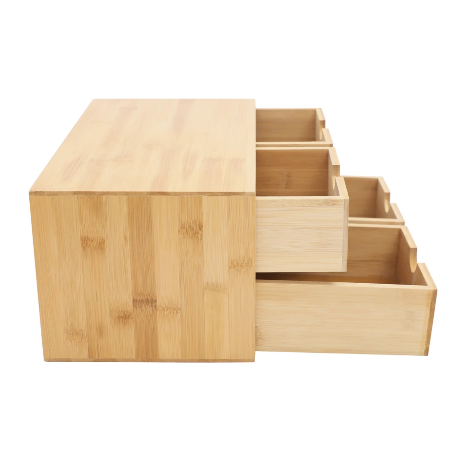Organizador de escritorio de bambú ecológico, caja de almacenamiento de 4 niveles con acabado suave, unidad de cajones que ahorra espacio para papelería, cosméticos, documentos 7