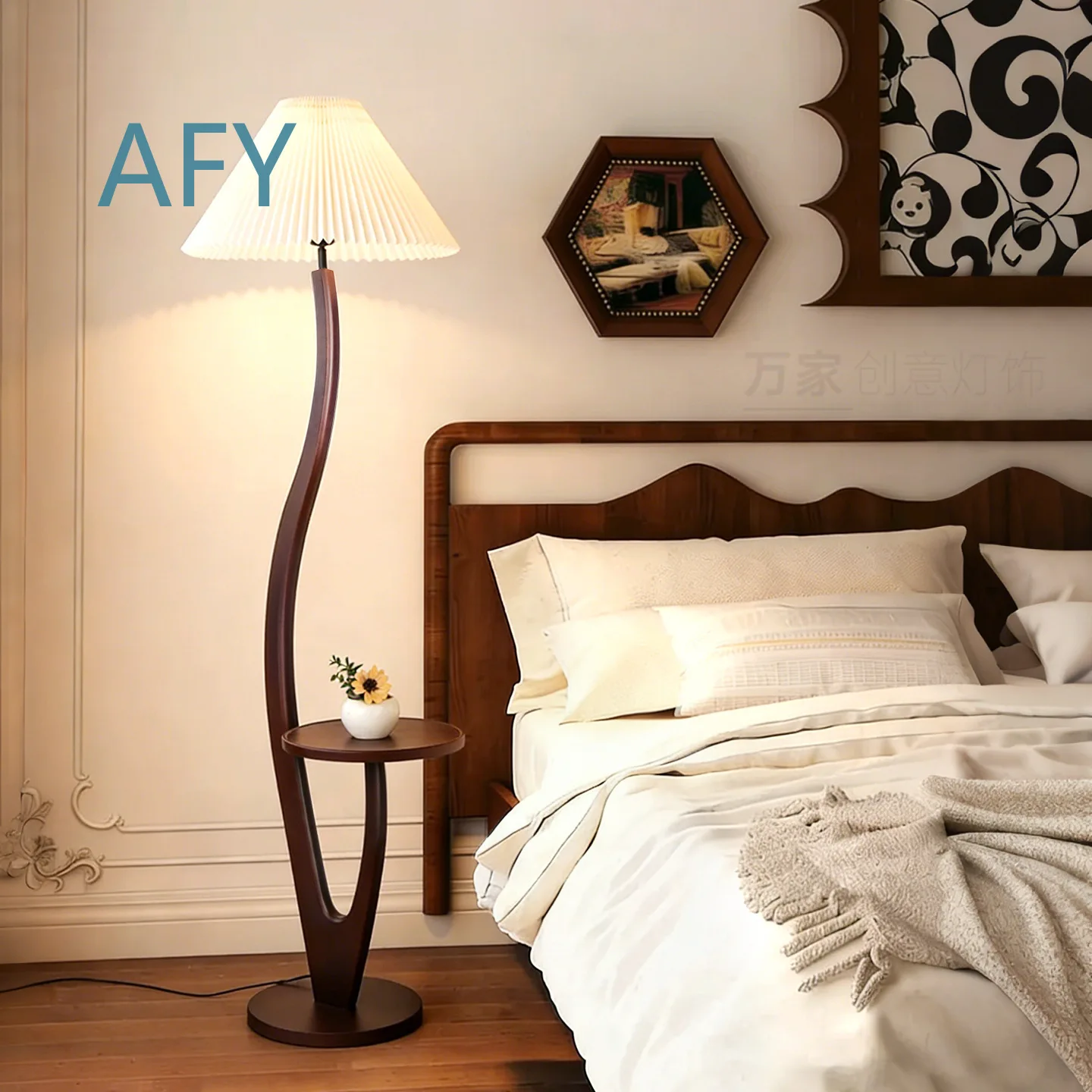 Vintage Solid Wood Floor Lamp for Living Room Sofa Side Bedroom Mid Century Modern Design Pleated Shelf Table Lamp