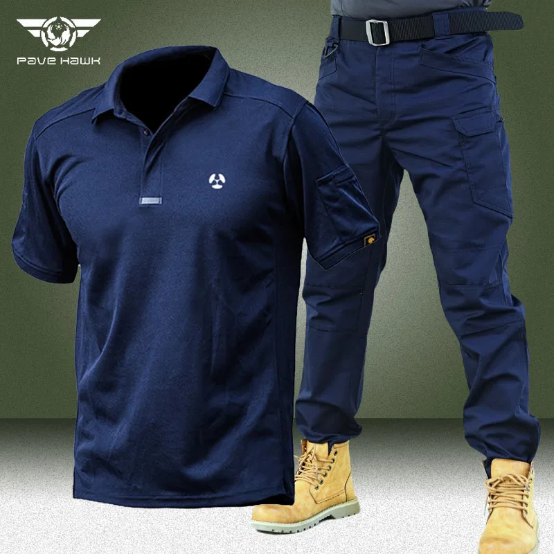 Blue Tactical Set Men Summer Quick Drying Breathable Short Sleeve Tshirts Military Waterproof Multi-pocket Cargo Pants Army Sets