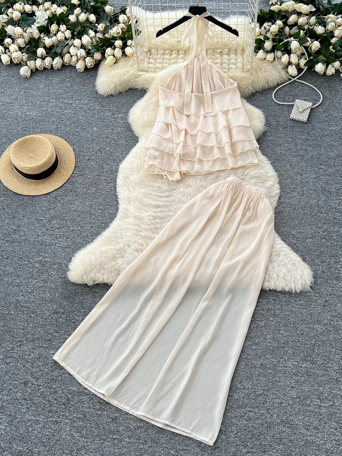 Summer Valion Fairy T-Set 3D Flower Nelace Svel Me Split f Rock Lange Hosen V-ne Faionable Damenanzug