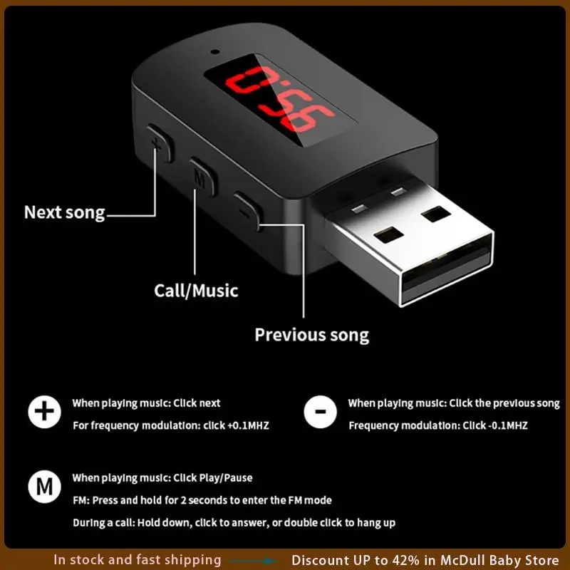 ABJA-Car Bluetooth 5.4 Aadapter FM USB Transmitter Receiver Handsfree Call Auto LED Display Audio Music Wireless Receiver