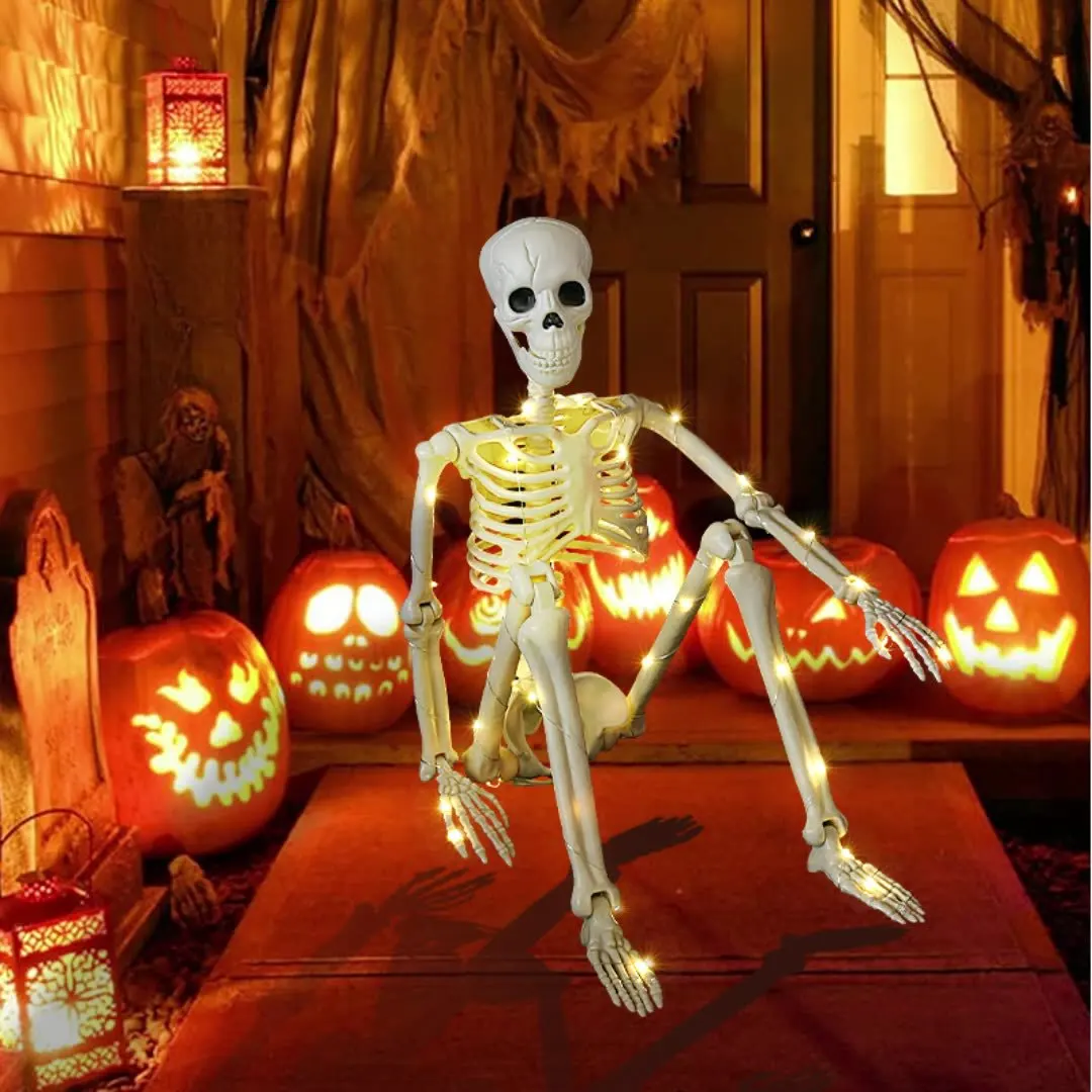 

40cm Halloween Skeleton Decoration Glowing Joint Movable Warm Color Standing Or Hanging For Haunted House Holiday Ornament