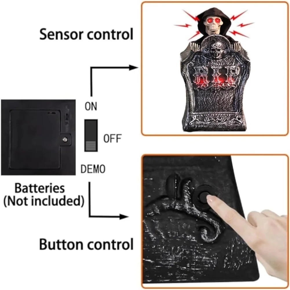 할로윈 묘석 애니메이션 해골 장식, 소름 끼치는 목소리, 모션 센서, 조명, 으스스한 해골 머리, 공포 소품