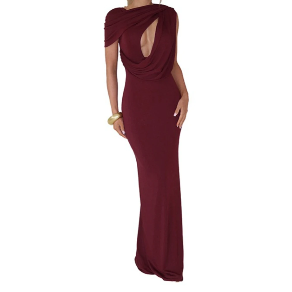 Robe longue élégante Foamlina unie, asymétrique, froncée et découpée, sans manches, moulante, pour femme, idéale pour l'été, les mariages et les soirées formelles