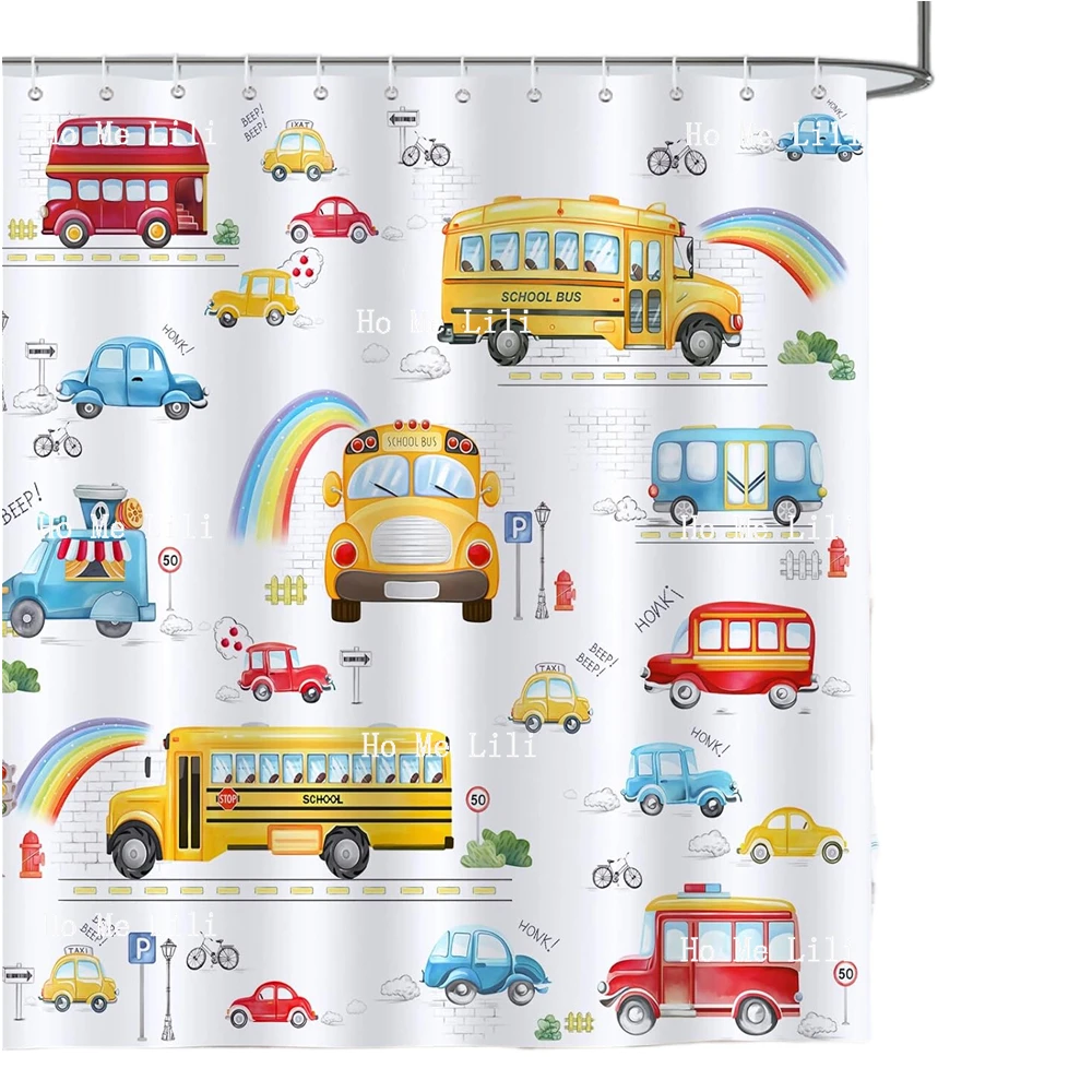 Cars Shower Curtain For Kids Bus Taxi Truck Decorative Bath Curtain Polyester Fabric Waterproof Bathroom Curtain With 12 Hooks