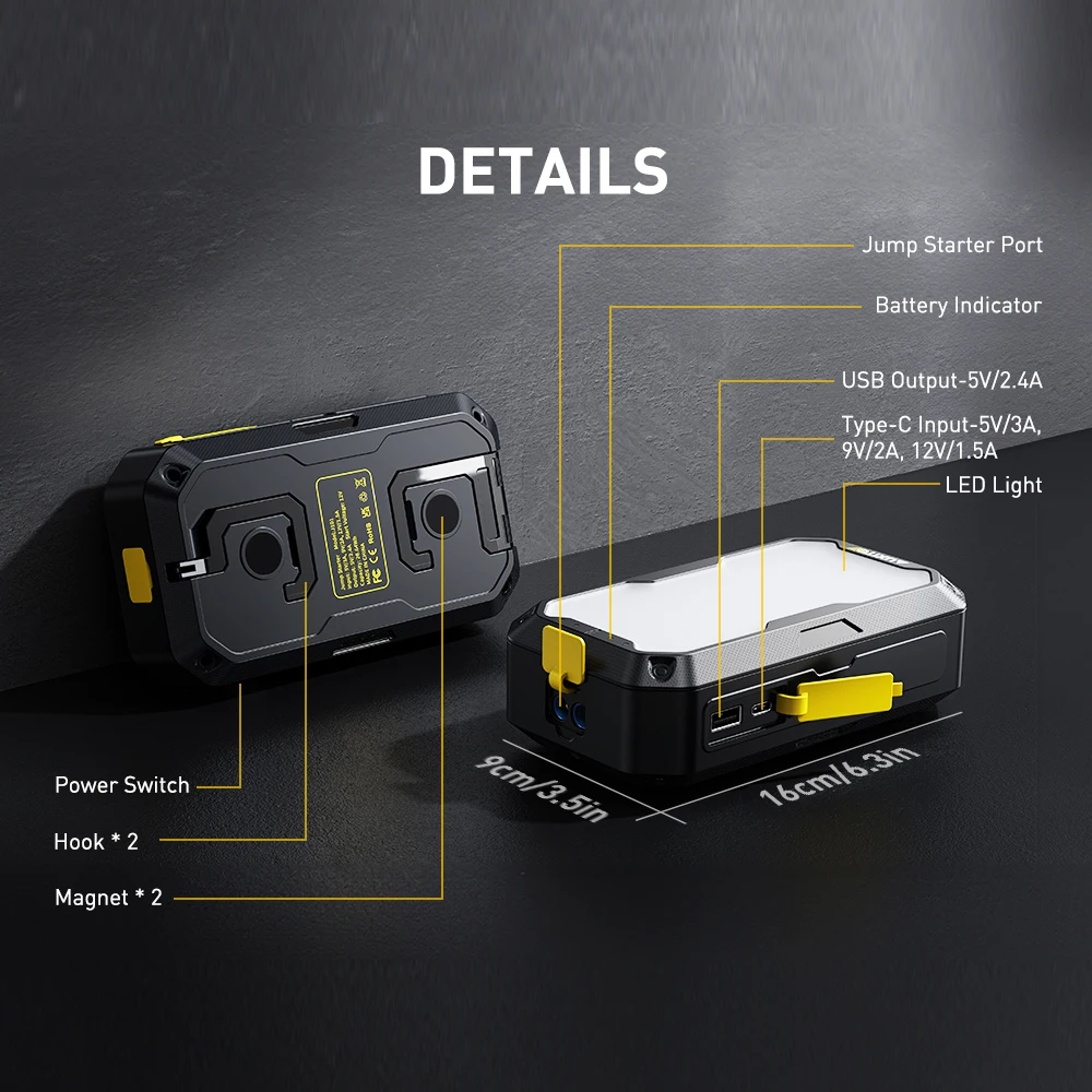 AUXITO 12V fuente de alimentación de arranque de emergencia multifuncional carga de arranque de coche portátil con lámpara LED 2000LM 3500A arrancador de batería
