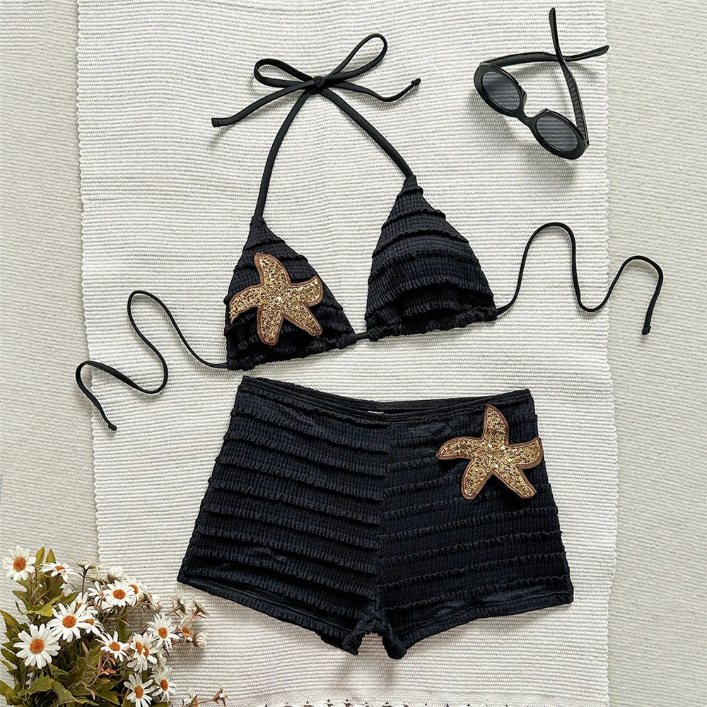Sexy Halter String Triangle Bikinis Sets Black Bottoms Shorts Swimsuit Women 2026 Sequin Starfish Swimwear Bathing Suti Bikini