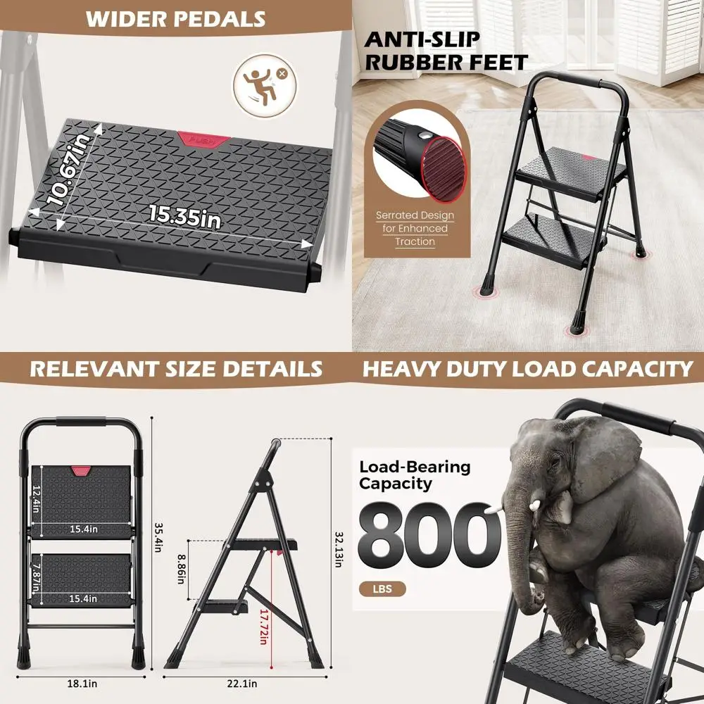 

Двухступенчатая лестница, выдерживающая нагрузку до 360 кг, складная стремянка с широкими противоскользящими подступенками и поручнями, прочная стальная лестница для дома, кухни, использования в помещении