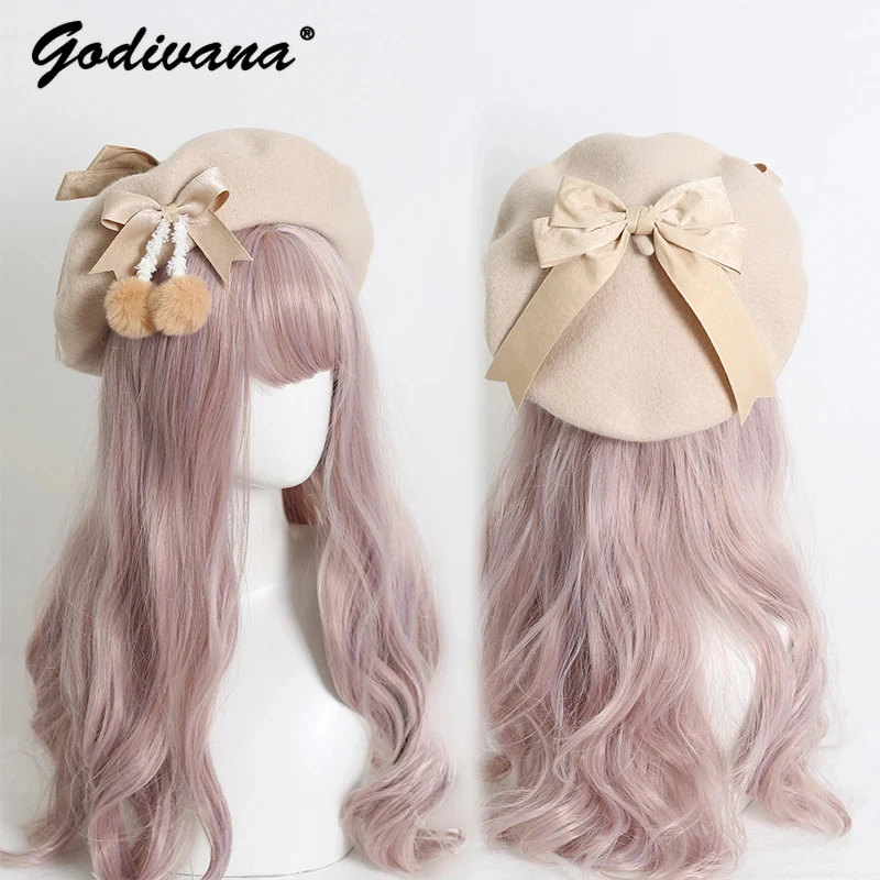 Japanese Girls Beret Lolita Sweet Heart Woolen Handmade Fur Ball Bow Autumn and Winter Warm Painter Hat Women's JK Caps