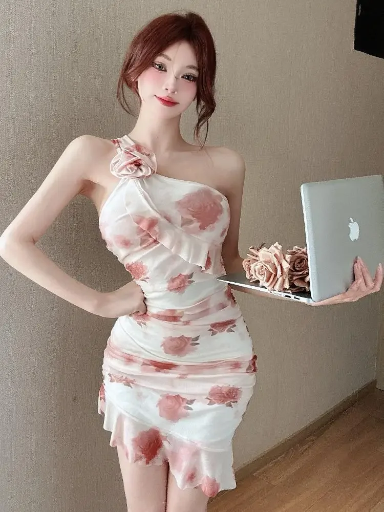 Ärmellose enge Damenkleider Rüschen kurze Mini-Korsett-Blume schulterfrei weibliches Kleid Slip Floral Sommerkleid figurbetont Y2k Kpop
